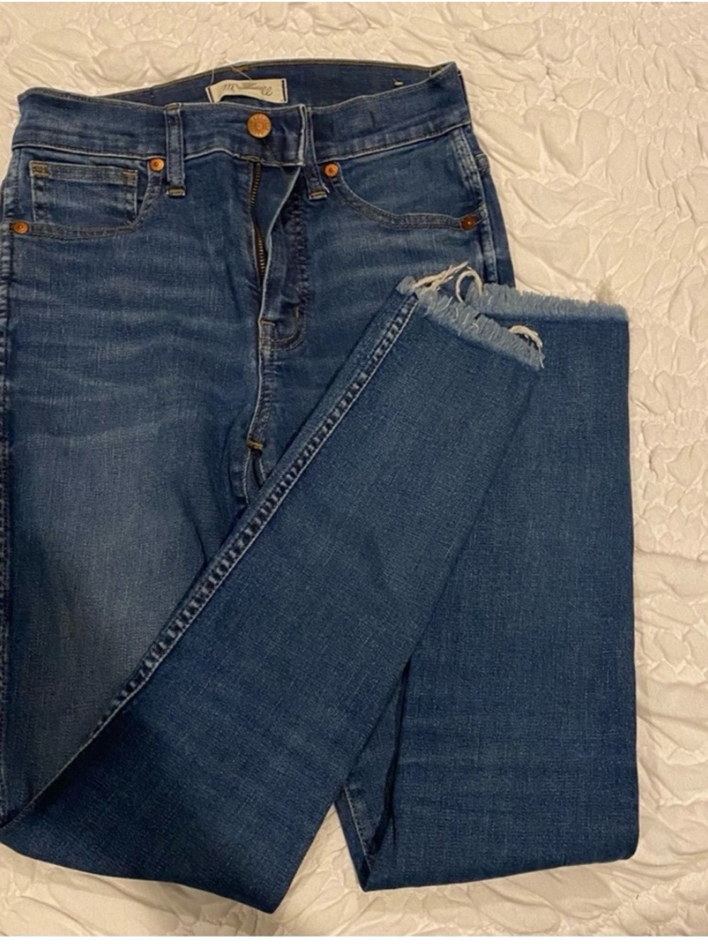 Madewell Women's 10” high rise Skinny Jeans in Dark Blue with Distressed Hem
